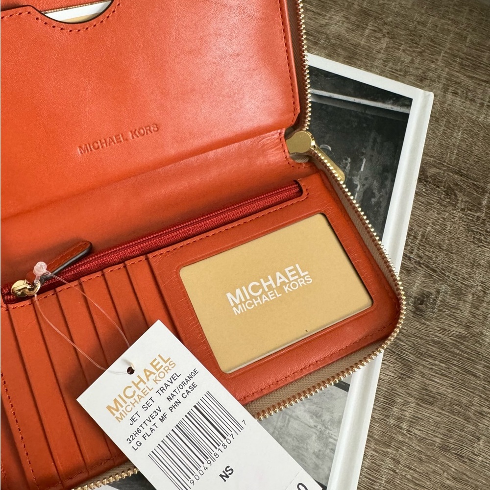 NWT MICHAEL KOR JET SET TRAVEL LARGE FLAT PHONE CASE WALLET MK NAT/ORANGE - Picture 6 of 8